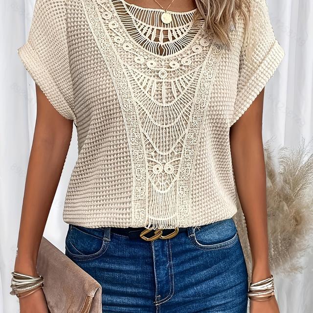 TEMU เสื้อบลาวส์แขนบัตวิงผู้หญิง - ลายเลซโปร่งแสง สไตล์สบายๆ แบบ H-Line ทรงหลวม ใส่ได้ทุกฤดู ดีไซน์เรียบหรู รายละเอียดประณีต ซักเครื่องได้