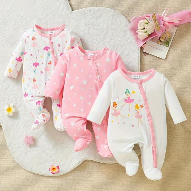 TEMU 3pcs Newborn Baby's Cartoon & Dancer Pattern Footed Bodysuit, Casual Long Sleeve Romper, Toddler & Infant Girl's Onesie For Indoor And Outdoor, As Gift