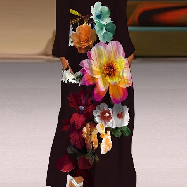 TEMU Plus Size Casual V-neck Long Sleeve Dress With Pockets, Woven Polyester Spandex Blend, Non-stretch Floral Print, For Midi Dress