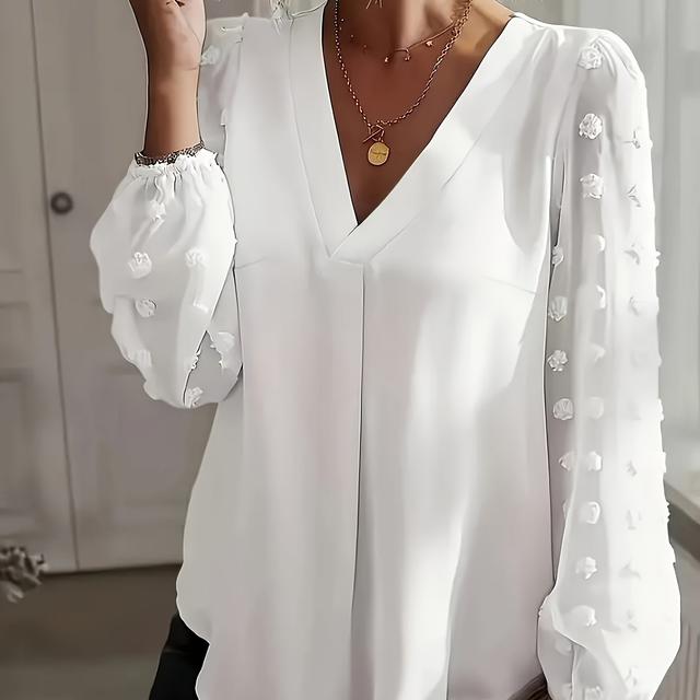 TEMU Camiseta elegante de cuello en V para mujer con de pompón, estampado de lunares suizos, talla grande, manga larga, 100% poliéster, sin estiramiento, tejido, 120 g/m², para /otoño