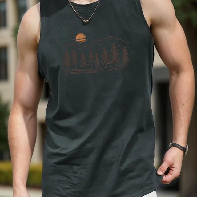 TEMU Men's Breathable Polyester Tank Top With Geometric Sun & Mountains Design - Casual Sleeveless Shirt For Summer, Machine Washable