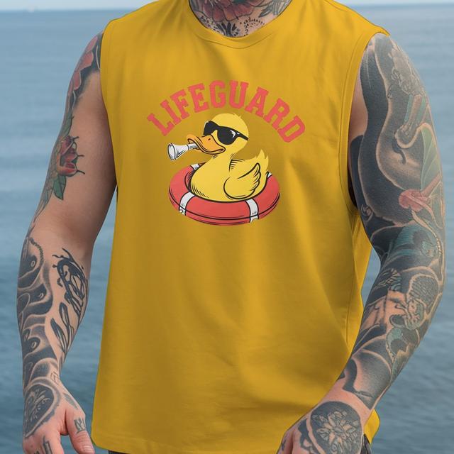 TEMU Herren Rettungsschwimmer Gelbes Ärmelloses Tanktop - Lässiges Sommerweste mit Cartoon-Enten-Druck, Dehnbarer Polyesterstoff für Sport & Outdoor-Aktivitäten, ÜBERGRÖSSE