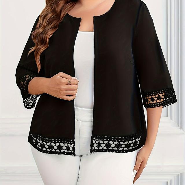 TEMU Plus Size Women's Oversized Blazer, Polyester, , Open Front, Stretch Fabric, Solid Color, Regular Sleeve, 3/4 Length, No Belt, Summer, Lace Trim Detail, Woven