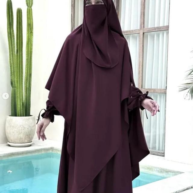 TEMU مقاس كبير، عباية نسائية جديدة من بلون سادة بأكمام لؤلؤية، فستان عباية مكون من قطعتين مع وشاح طويل P555