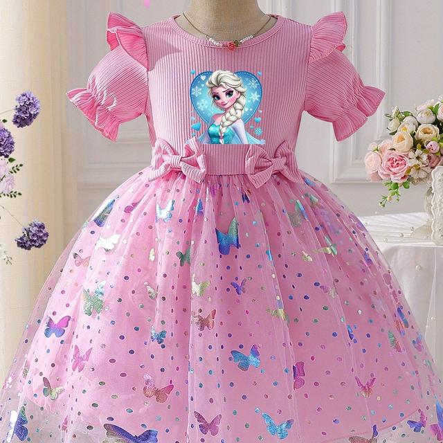 TEMU Frozen Princess Girls Party Dress With Face Print & Sparkling Crystal-like Butterflies - Soft Lavender Short Sleeve Dress With Bow Back, Birthday Outfit For Kids, Hand Washable Frozen