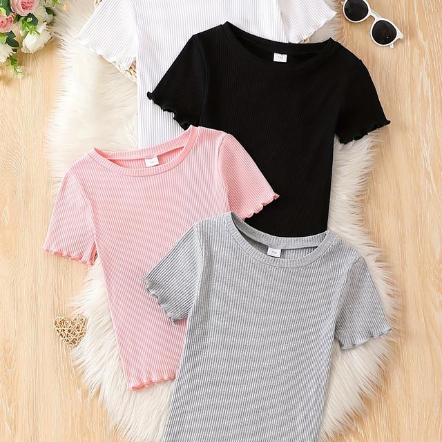 TEMU Girls' Cotton T-shirt 4pcs Set, Youth Summer Ribbed Knit Short Sleeve Top In Solid Color With Breathable Soft Fabric