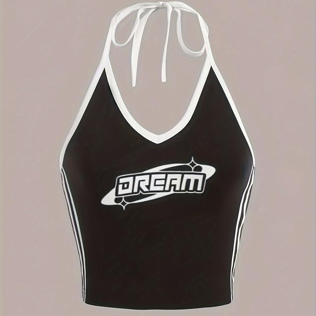 TEMU Summer Black And White Letter Graphic Tie-back Crop Top