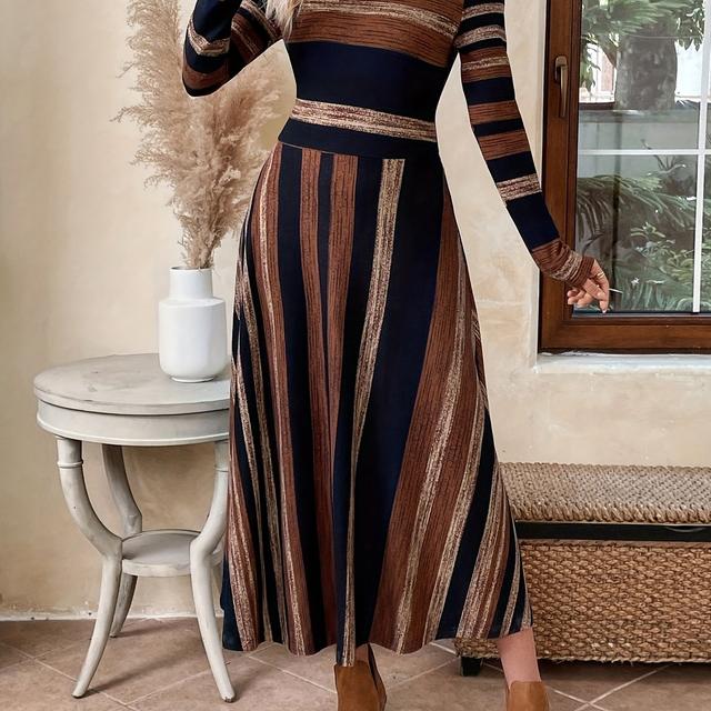 TEMU DJ0710033 - Vestido elegante de mujer con estampado de rayas, cuello y larga, corte acampanado