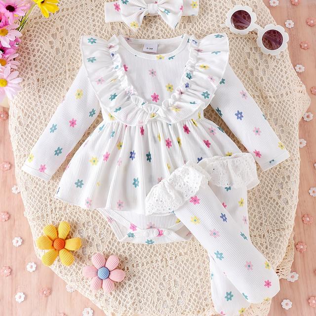 TEMU Girls' Set: Infant And Toddler Floral Print Long-sleeve Romper With Lace Trim, Socks, And Headband, Perfect For Outdoor