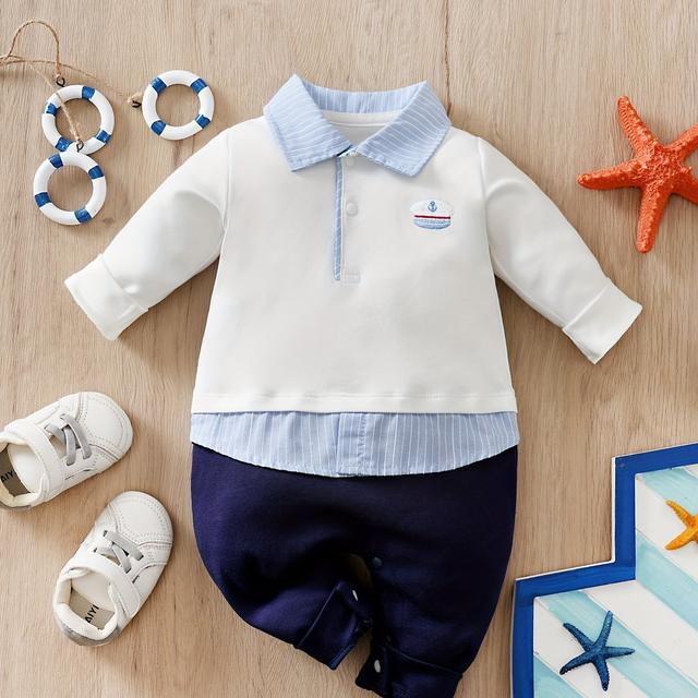TEMU Traje casual de niño y bebé con rayas - Romper de larga con cuello fruncido, pantalones azules marinos y accesorio de para y otoño, ropa de bebé, ideal para exteriores.