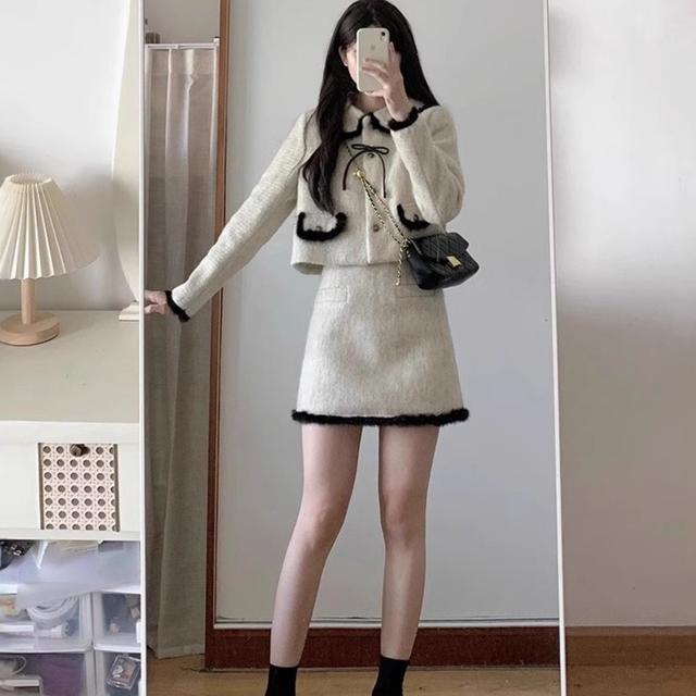 TEMU 秋冬新作ホットセール - 韓国風雰囲気レディースショートスカートセット。華やかで上品なレディーススタイルのツーピースセット