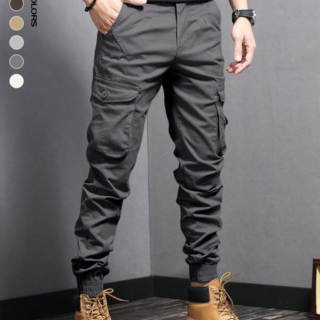 TEMU Men' Solid Color Tactical Cargo Pants, Polyester , Cropped Length, Slight Stretch Fabric, With Multiple Pockets, For Outdoor And Streetwear