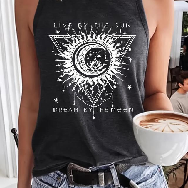 TEMU Damen Casual Rundhalsausschnitt Tanktop mit Sonne und Grafik, Ärmelloses Strickstoffweste, Mittlere Stretch Polyester 95% Elastane 5%, Reguläre Länge, Frühling/Sommer/Herbst Mode