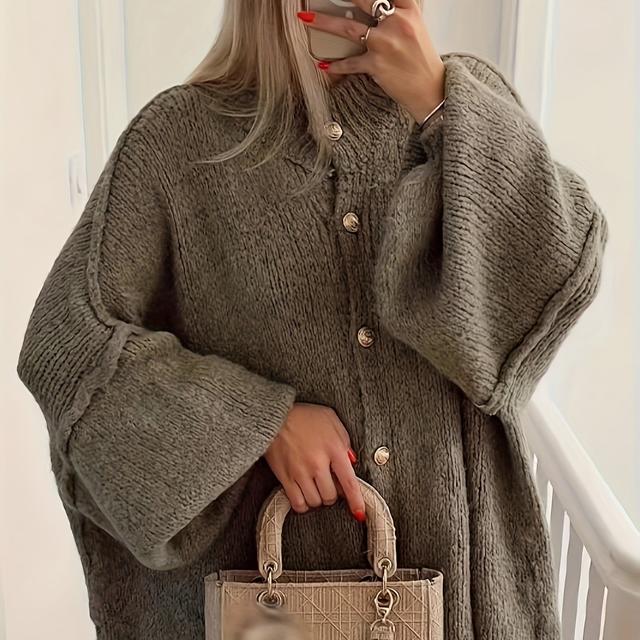 TEMU Nian Nian Richtungsabhängige Herbst- und Wintermode Neue graue Metallknopf-Cardigan mit umgekehrtem Nahtkanten-Design, lässig, schlicht, warm, hochgeschlossen, Damen-Pullover.