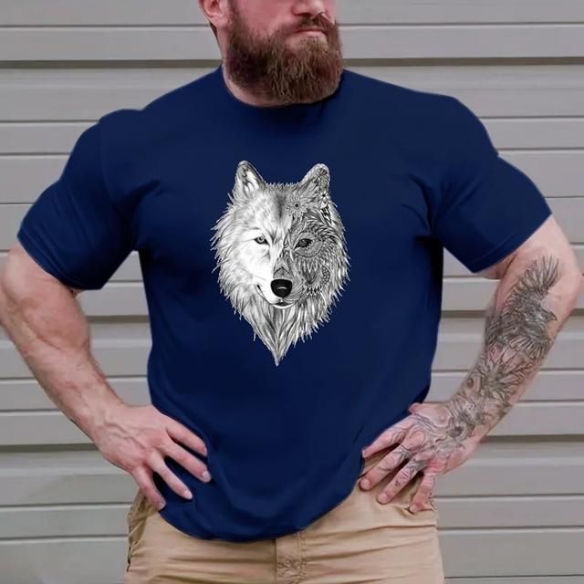TEMU Plus Size T-shirt For Men, Wolf Tees For Summer, Outdoor Tops For Males
