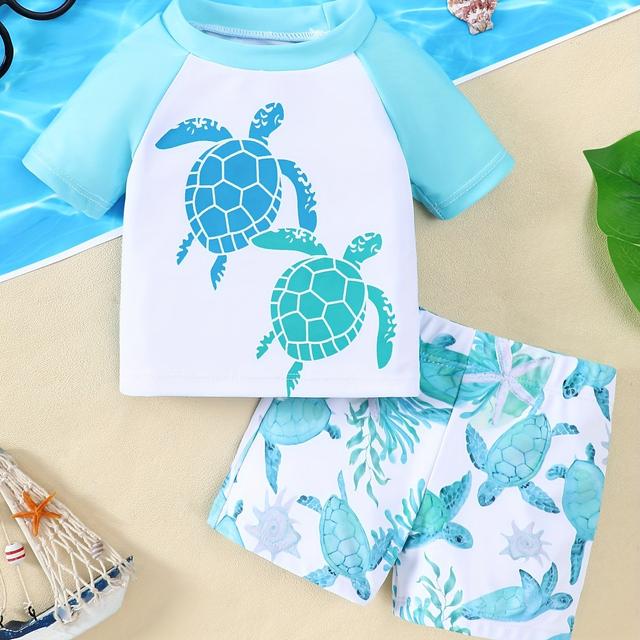 TEMU Boys' Summer Split Swimwear Set With Short Sleeve Cartoon Turtle Print T-shirt And Shorts