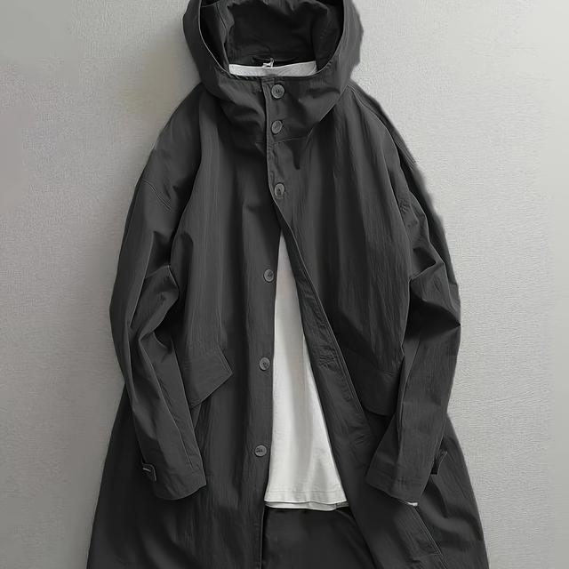 TEMU 남성용 롱 코트 - 풀레인지 외부 보호 후드 재킷, 봄/가을 시즌 포멀 & 데일리 시크 아우터웨어 (손세탁/드라이클리닝) - 도시 출퇴근 및 공식 행사에 어울리는 세련된 스타일, 전환기 계절 착용, 모던 남성복, 마감, 패션 감각 있는 구매자들을 위한 스타일리시 레인웨어