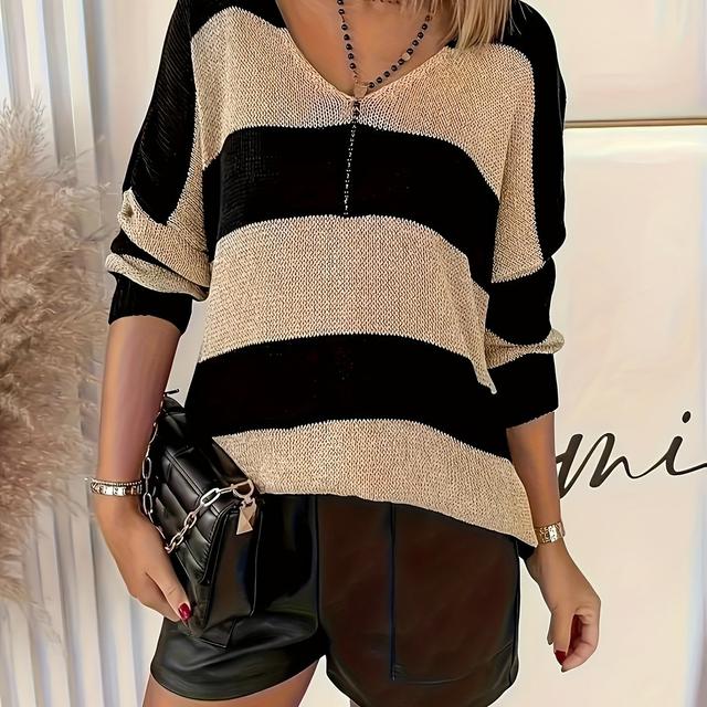 TEMU Plus Size, Size Striped Top, Autumn Casual Long Sleeve V-neck Sweater For Women