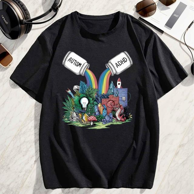 TEMU เสื้อยืดฤดูร้อนสำหรับผู้ชายขนาดใหญ่และสูง - พิมพ์กราฟิกเพื่อการรับรู้เกี่ยวกับออทิสติกและ ADHD, เสื้อยืดคอกลมสไตล์ลำลอง, สามารถซักเครื่องได้, ไซส์พลัส