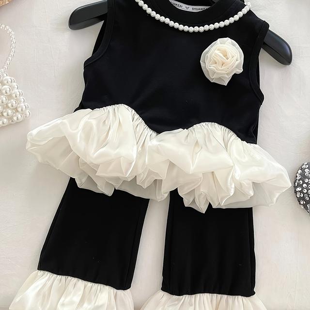 TEMU ' Summer Suit, Fashionable Small And Medium-sized Color-blocking Lace Sleeveless Vest Leggings Suit, For Outdoor