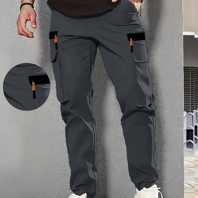 TEMU Men's Casual Cargo Pants - Straight Leg, Polyester, Loose Fit With Multiple Pockets And Adjustable Drawstrings, Solid Color, Ideal For Spring & Fall