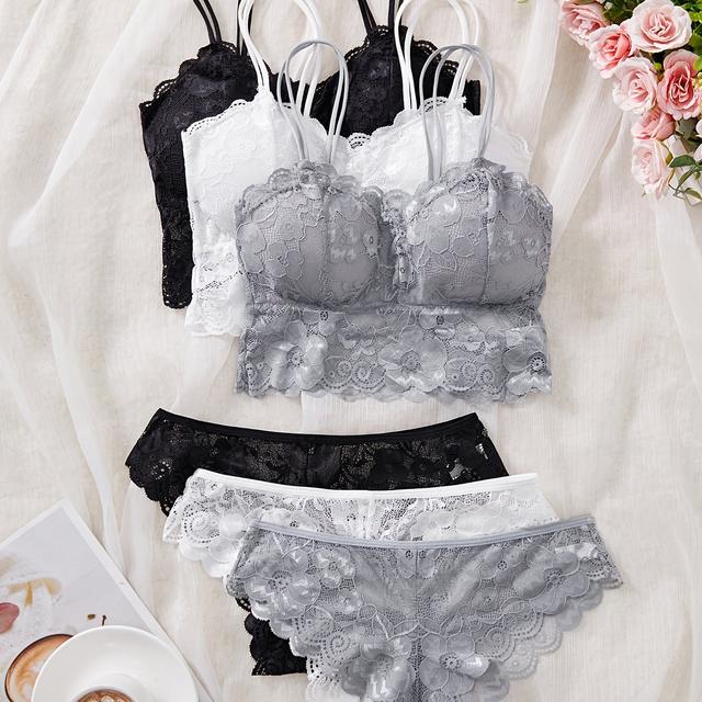 TEMU Un ensemble de lingerie et sous-vêtements pour femmes avec du dentelle florale, un dos et des bretelles , disponible , blanc et