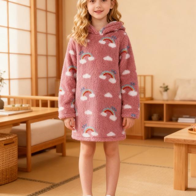 TEMU Regenbogen-Langarm-Kapuzenkleid für Mädchen, weich und bequem für Herbst/Winter, ideal für Outdoor-Anlässe