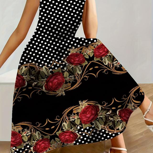 TEMU Elegant Plus Size Floral Maxi Dress With Polka - Sleeveless, Round Neck, Stretch Knit Fabric,