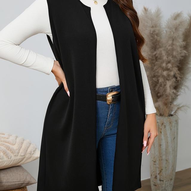 TEMU Plus Size Solid Open Front Vest Jacket, Elegant Sleeveless Jacket For , Women's Plus Size Clothing