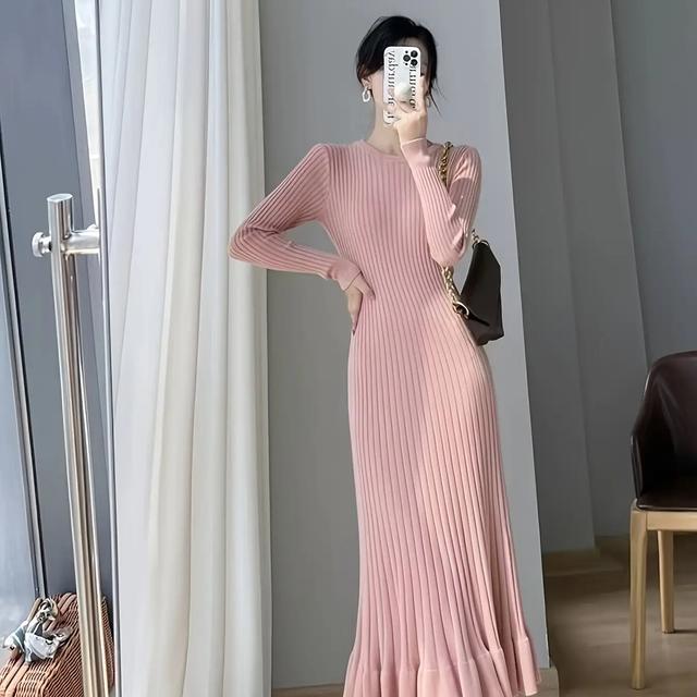 TEMU 女性用トストレッチAラインマキシドレス - 薄ピンク/ラルカラーリブテクスチャーロングル&カジュス、フレアヘム付きオールワークウェア&イブニングアウトフィット、不透明なオフィスパーティードレス、丸首と細かいステッチ加工で、日常からガライベントまでの構造化フィット(ノンベルト・ノンパディング)- 手洗い/ドライクリーニング対応、カラースカート、すべての場面に万能なマキシドレス