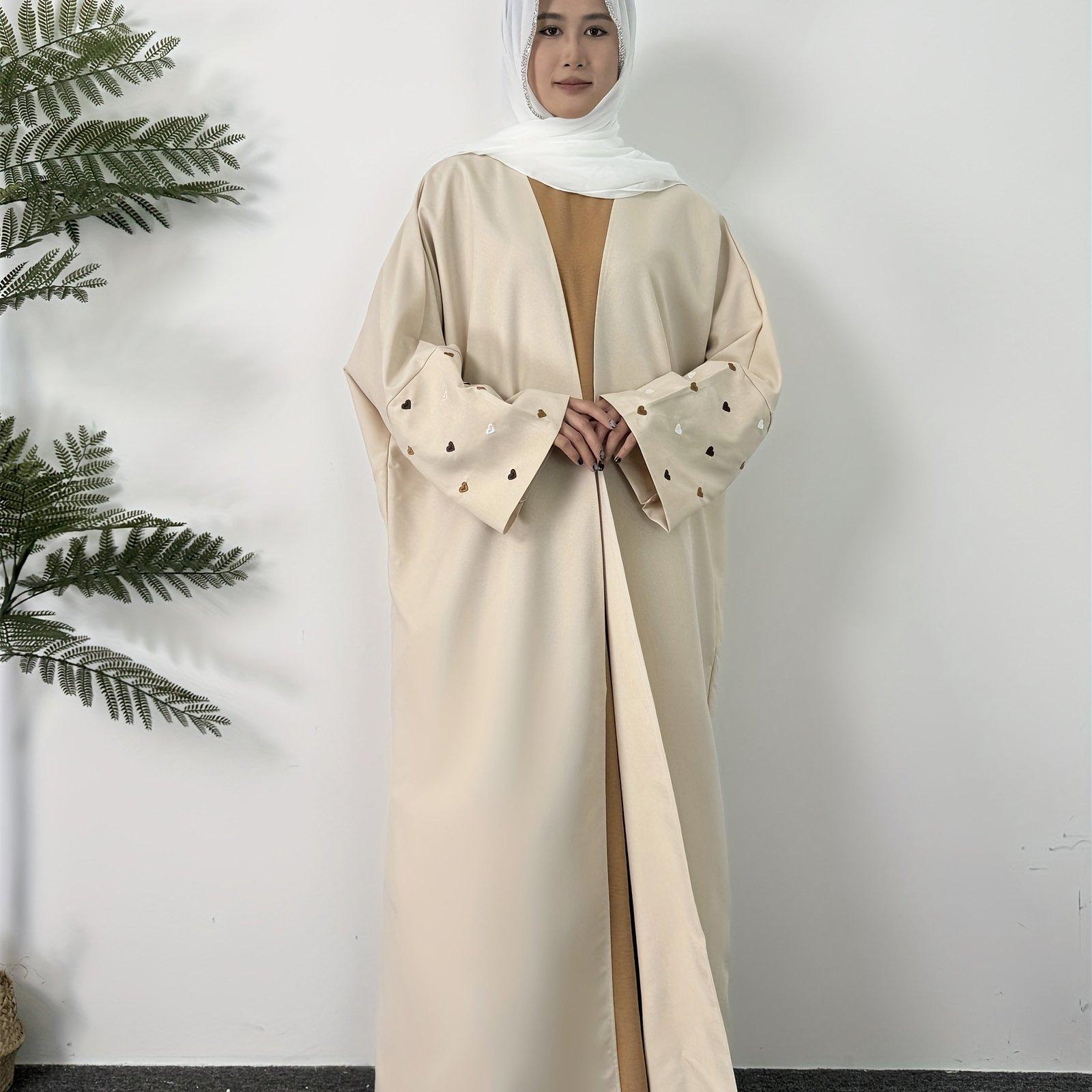TEMU 1pc Elegant Long Sleeve Heart Print Embroidered Abaya - Women's Loose Fit Polyester Maxi Dress, Batwing Sleeves, H-line Silhouette, Non-stretch Fabric For All