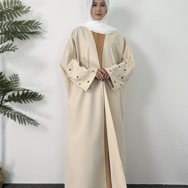 TEMU 1pc Elegant Long Sleeve Heart Print Embroidered Abaya - Women's Loose Fit Polyester Maxi Dress, Batwing Sleeves, H-line Silhouette, Non-stretch Fabric For All