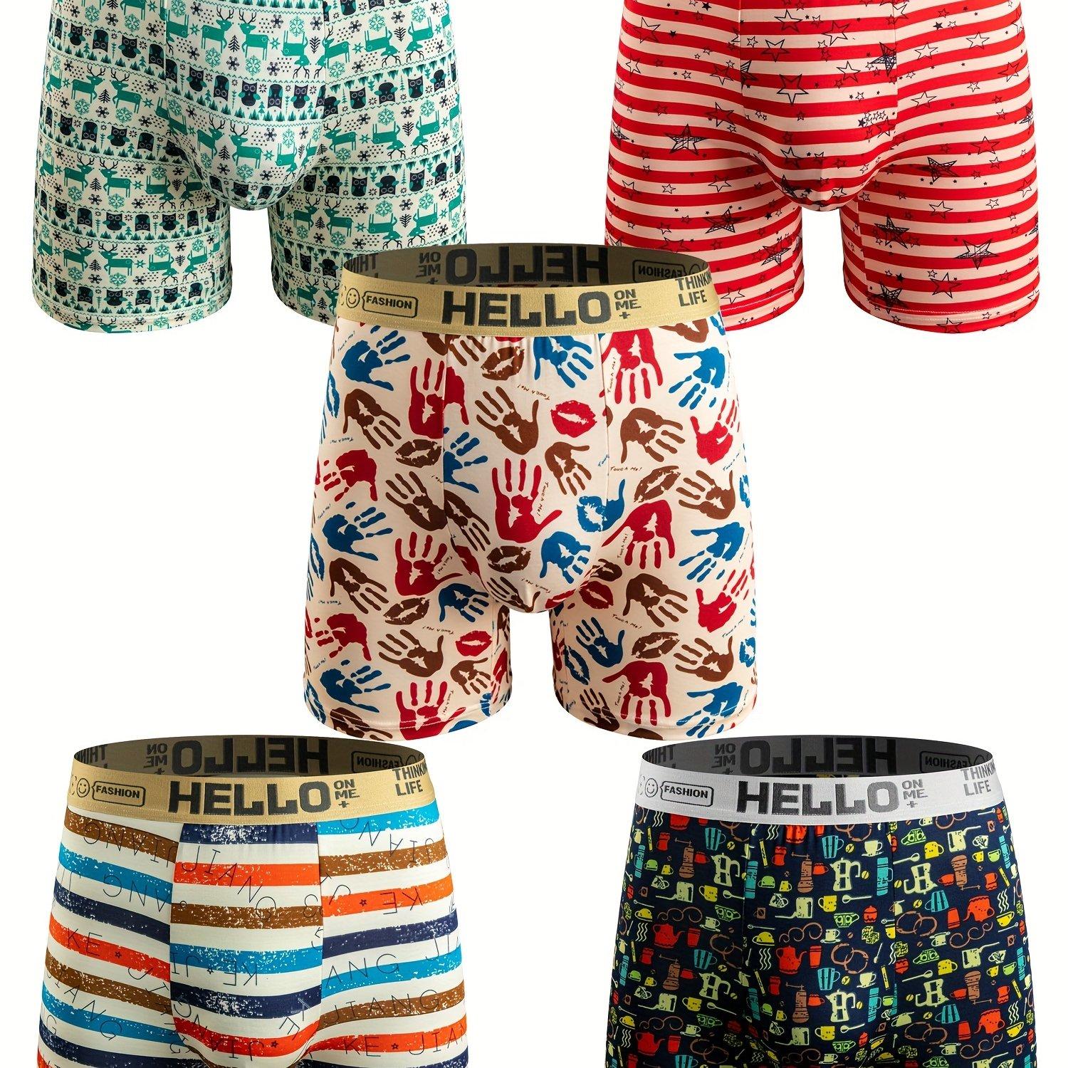TEMU 5pcs Set Of Men's Fashionable Long Flat Angle Underwear, Breathable And Comfortable High Elasticity Long Flat Angle Shorts, Sports Shorts, Men's Hello Belt Underwear
