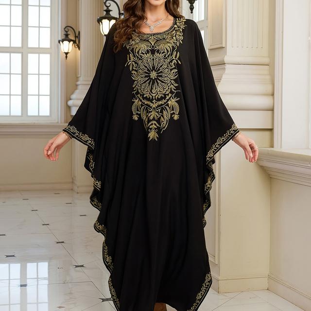 TEMU Edolynsa Women's Plus Size Elegant Kaftan Dress - Casual Crew Neck, Embroidered Floral Pattern, Loose Batwing Sleeves, Long Length Beach Vacation Dress For Spring/summer/fall, Beach Dres