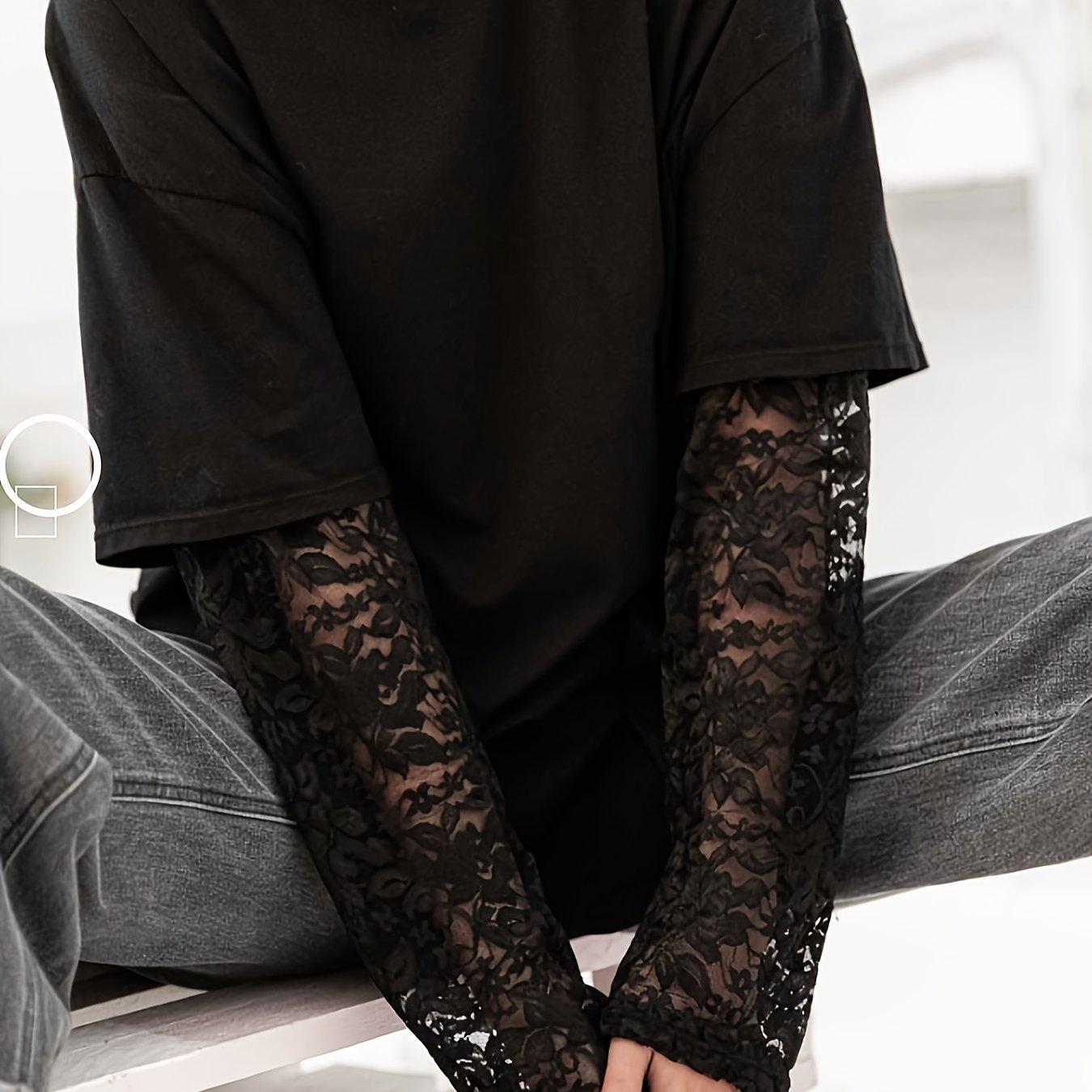 TEMU Plus Size - Plus Size - Plus Size Women's Top Fake Two-piece Lace Base T-shirt