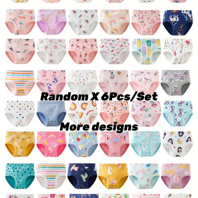 TEMU A Pack Of 6 Assorted Girls' Triangle Underwear With An Elastic Waistband, Featuring Cute Themed Patterns, Made From Soft And Breathable Pure Fabric, Girls' Underwear