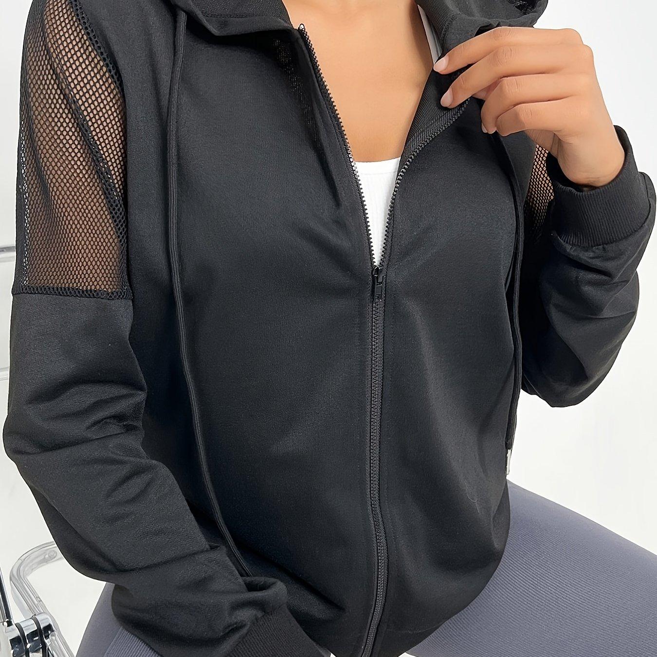 TEMU 1pc Women's Spring/autumn Hooded Mesh Splice Cuff Ribbed Design Fashionable And Stylish Sports Yoga Hoodie For Women's Gym Workout Apparel