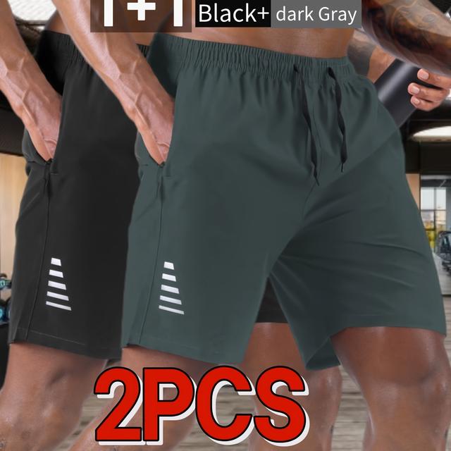 TEMU 2pcs Men's Casual Athletic Shorts, Stretch, Quick-dry, Breathable, Moisture-wicking Polyester Fabric, With Drawstring, Zippered Pocket, Machine Washable, For Gym, Sports, Outdoor, Jogging, Beach