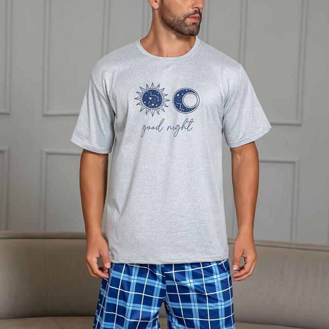 TEMU Men's Summer And Print Short-sleeve Pullover With Blue Checkered Shorts Pajama Set, Made From Soft And Comfortable Fabric Suitable For Home Or Outdoor Wear