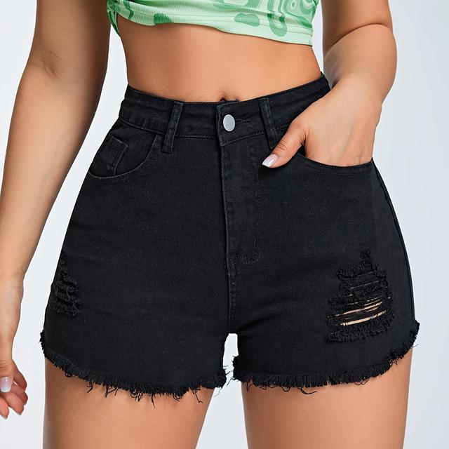 TEMU High-Waisted Damen-Jeansshorts in Schwarz – Dehnbarer, durchsichtiger Denim-Look-Stoff, Casual Sommer-Shorts für & Partyoutfits, Wochenendmode, Trendige Mode, Bequeme Passform, Fashion-