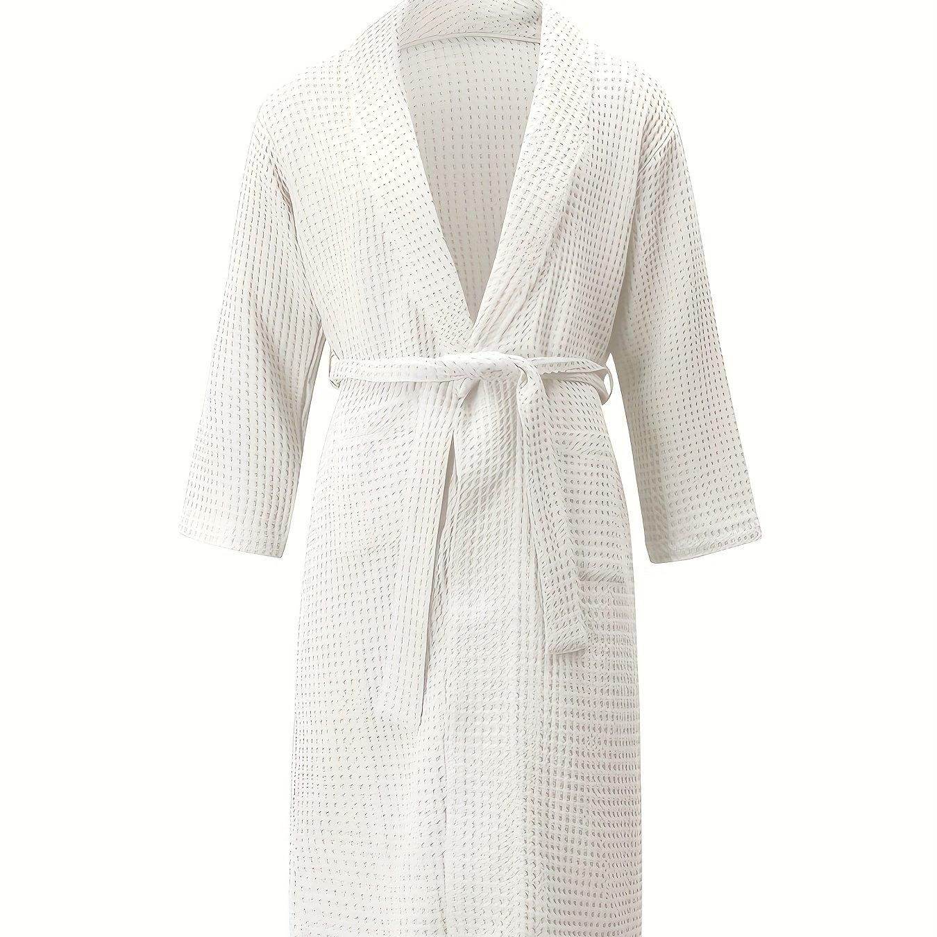 TEMU Bata de larga tipo waffle de , ropa de dormir , transpirable y absorbente, 150G/M², estilo delgado adecuado para , verano y otoño