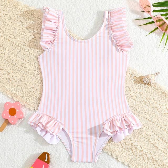 TEMU Baby Young Girl Random Striped Ruffle Trimmed Swimsuit Bodysuit Children Swimwear
