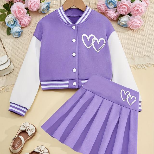 TEMU Youth Heart Print Sleeve Cropped Sweatshirt + Pleated Skirt 2pcs Set, Casual Ribbed Knit Regular -season Outfit, Cute Outfits, Outdoor