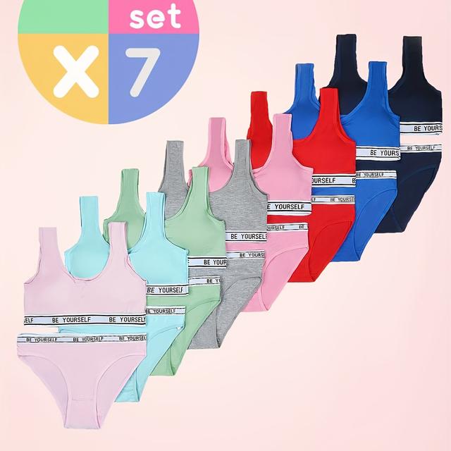 TEMU 7pcs Girls' Underwear Set, Random Colors, High-quality, Minimalist Solid Color, Underwear Suspenders And Briefs Set, Cute And Fashionable, Suitable 10-14