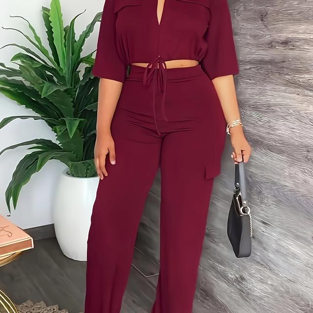 TEMU Tenue pour Femmes avec Pantalon Droit Taille Haute et Ourlet à Cordon dans Européen et Américain., Tenue Toutes | Tenue Élégante | Tissu Brillant