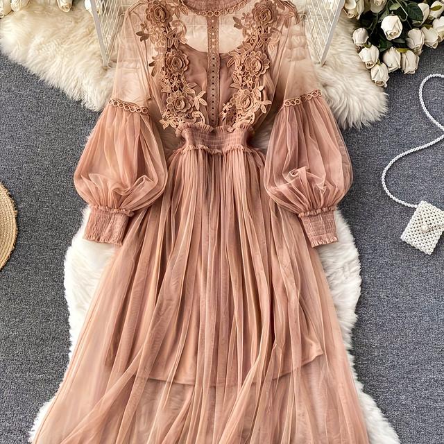 TEMU Women's Fashion 2pcs Set: Sheer Mesh Lantern Sleeve Slim-fit Long Dress With Chiffon Blouse And Camisole Top, A Luxurious Gift For Ladies (please To The Size Chart As The Mesh Fabric Stretch)