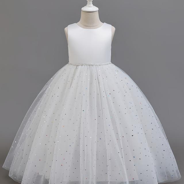 TEMU A White Princess Party Dress - Featuring Waist Chain And A Sparkling Heart Sequin Tulle Skirt For Flower Girls