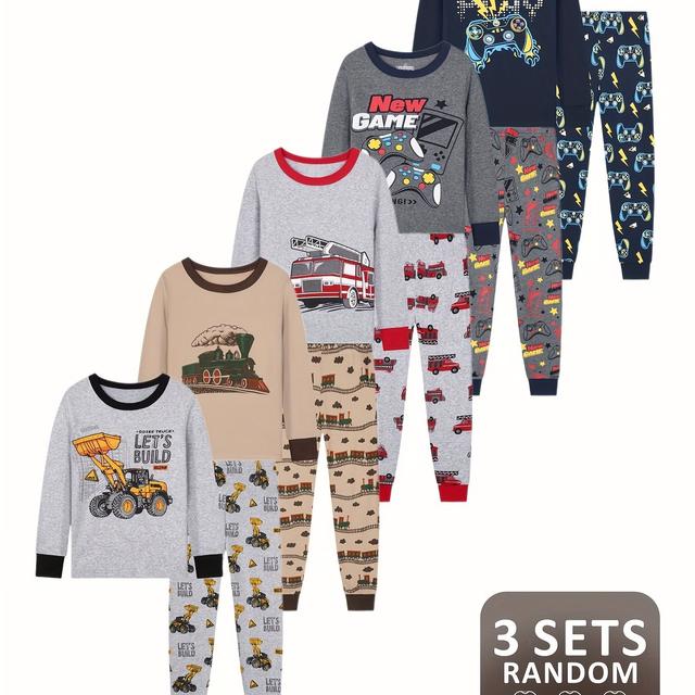 TEMU Jungen Zufällige Kombination aus einem 3-teiligen Set mit 6 Teilen mit Automotiven, Langarmshirts, langen Hosen und eng anliegenden Pyjamas.