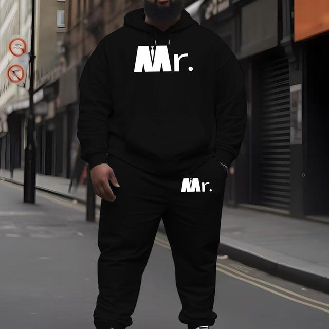 TEMU طقم هوديي كاجوال من البوليستر للرجال، مقاس كبير، مجموعة خريف/شتاء، سويت شيرت بغطاء رأس مزخرف مع بنطال متناسق، تصميم عادي، قماش محبوك، مرونة خفيفة، 200 جرام لكل متر مربع - أسود، مقاس زائد