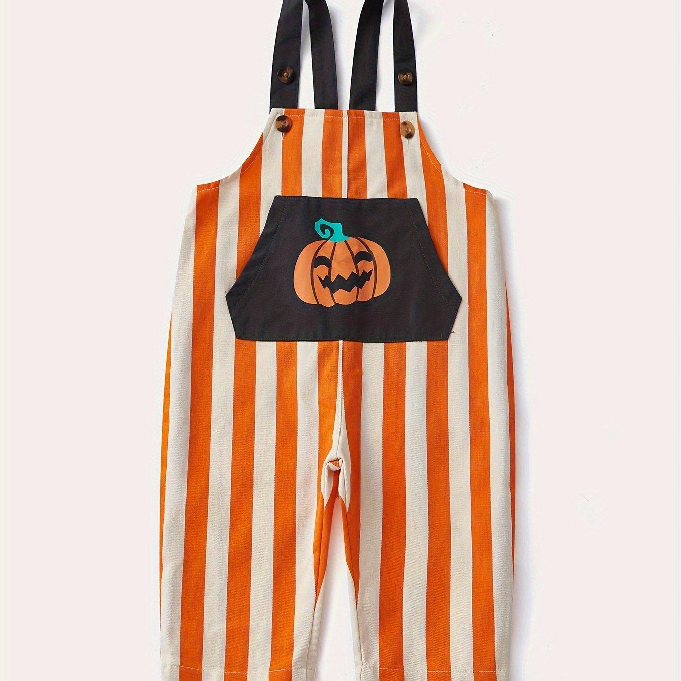 TEMU Pantalón de delantal unisex para bebé estilo y otoño con rayas de calabaza de Halloween, para salidas informales y actividades al aire libre
